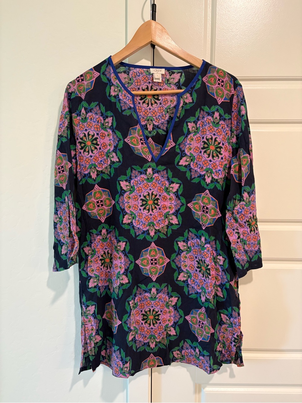 J. Crew Beach Resort Wear Coverup Navy with Pink and Purple Medallion Print
